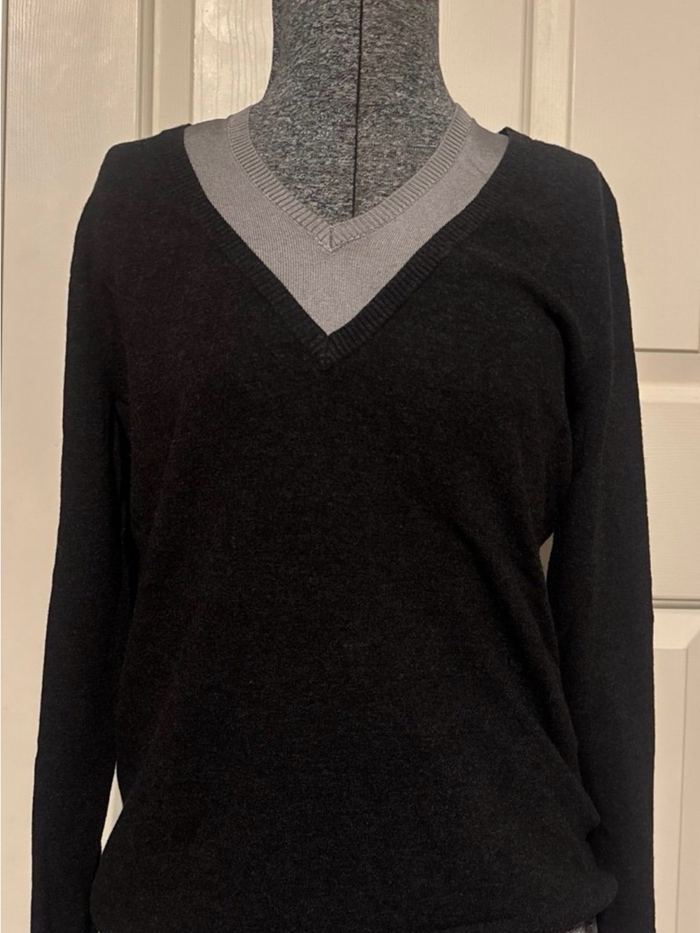 Gray Trim Black V-Neck Women's Sweater